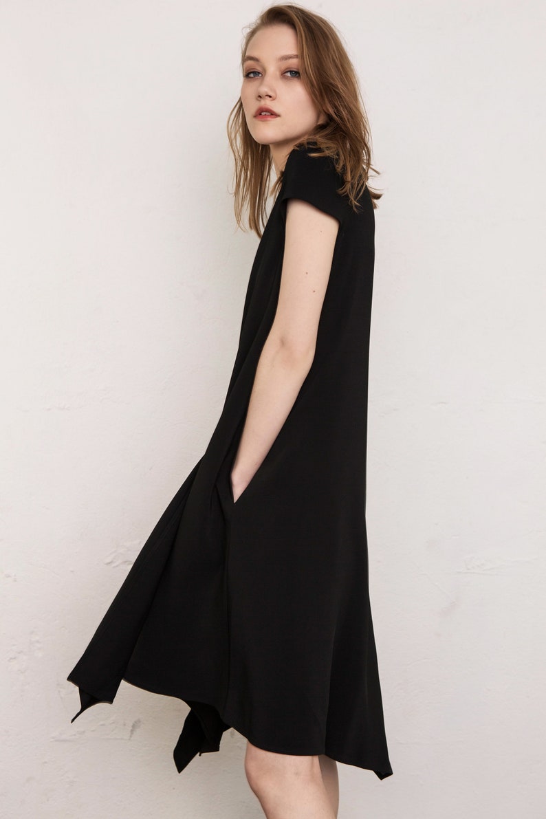 Black Babydoll Dress Black Midi Dress Black Asymmetrical Etsy