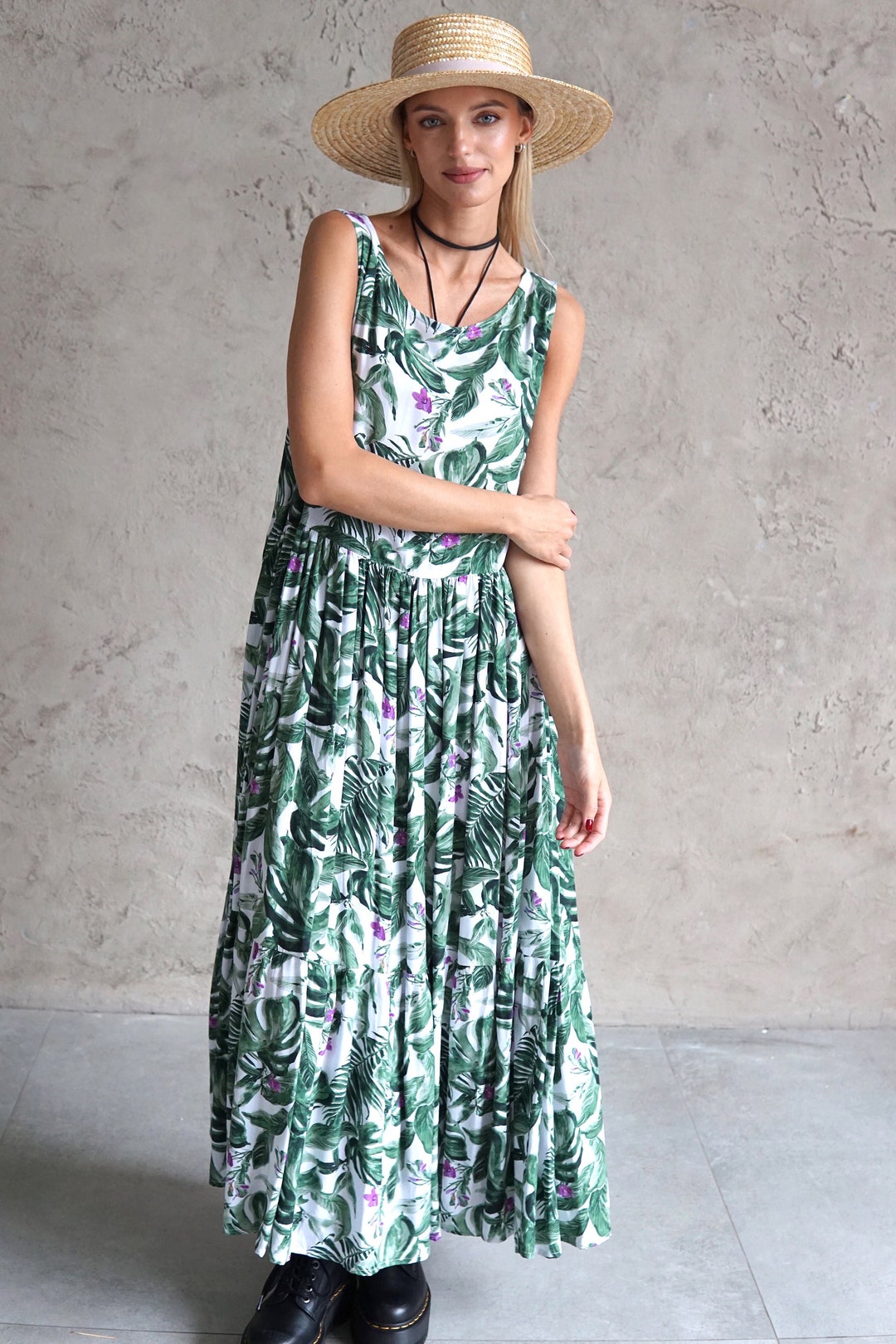 Boho Green Dress, Boho Maxi Dress , Boho Floral Dress, Gauze Dress ...