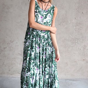 Boho Green Dress, Boho Maxi Dress , Boho Floral Dress, Gauze Dress, Flower Print Dress, Summer Maxi Dress, Floral Summer Dress, Bohemian