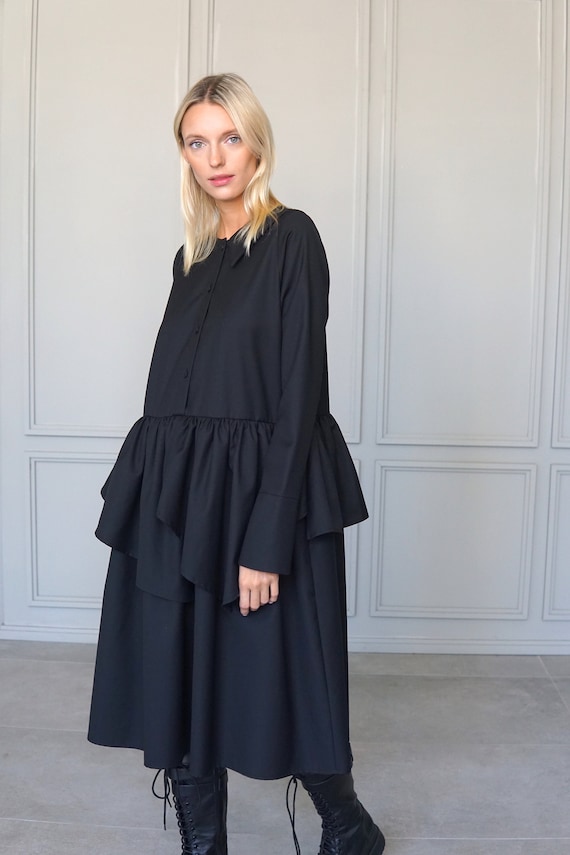 Avant-Garde Wool Dress: Asymmetric Long Sleeve Fashion