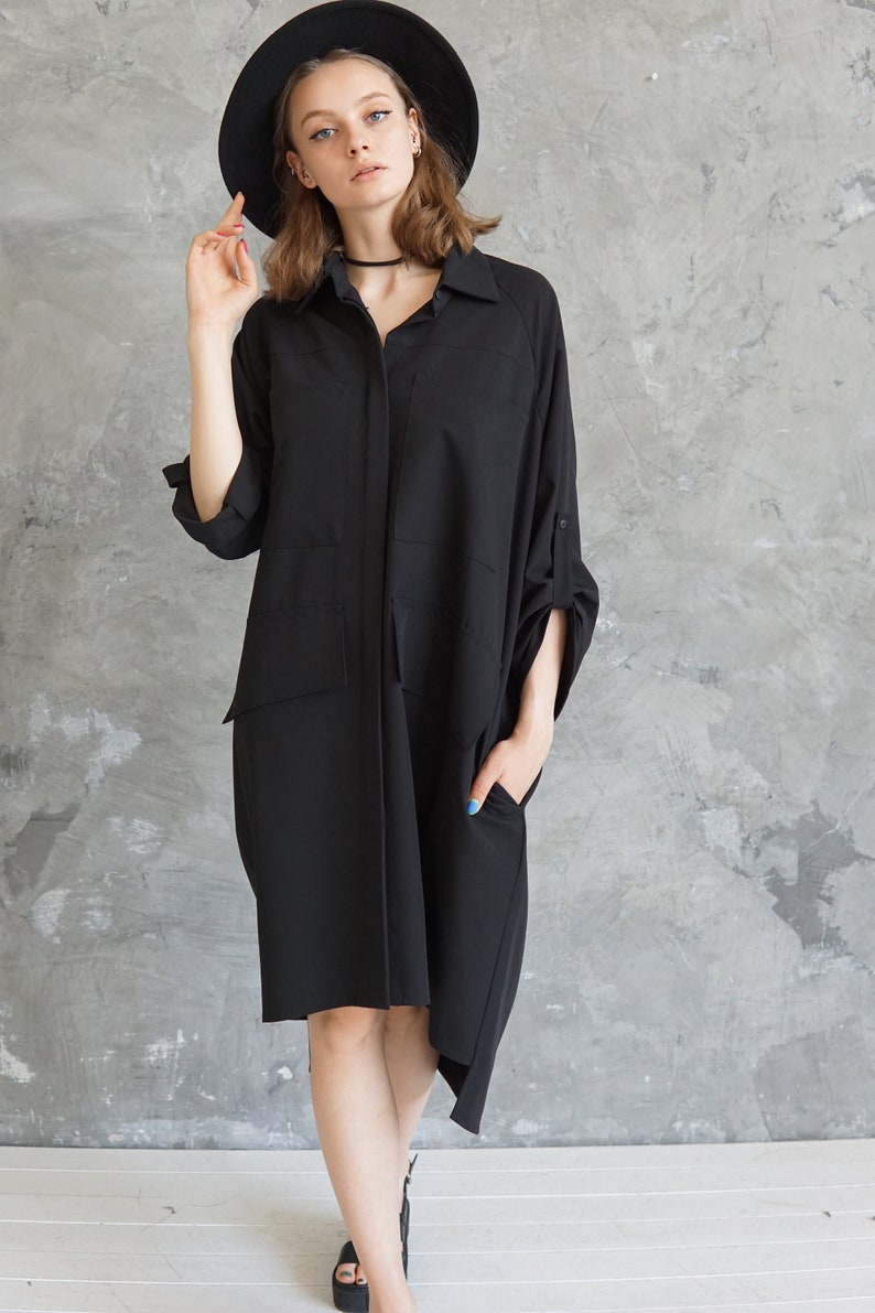 Oversized black shirt Maxi blouse Black plus size tunic