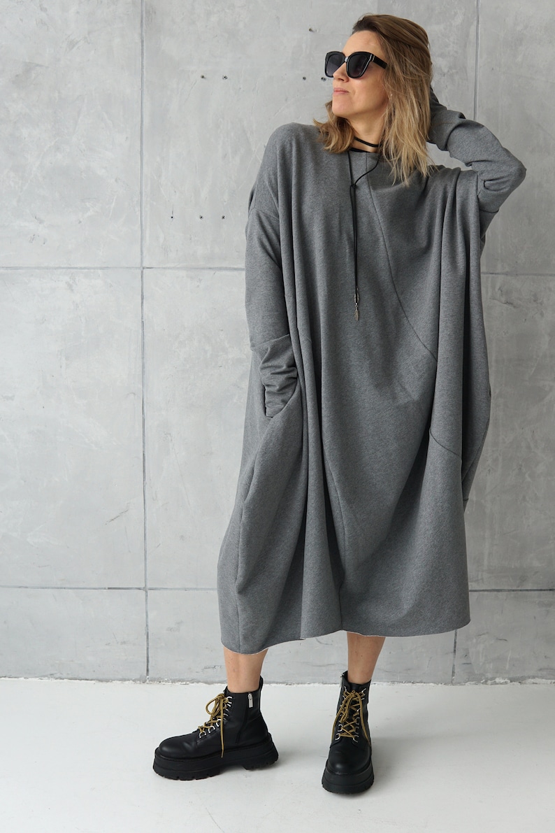 Gray jersey dress Casual dress Gray loose tunic Long sweatshirt dress Cotton dress Casual wear dress image 7