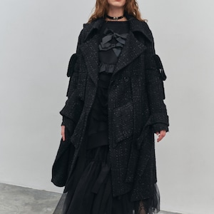 Long fancy black tweed coat with fabric ribbons and flounces, Tweed jacket, Trench coat, Swing coat, Skirted coat