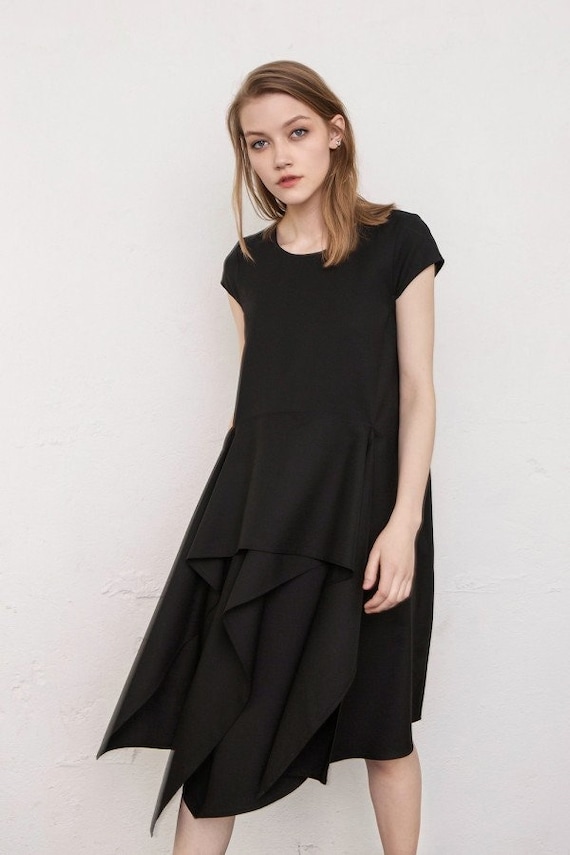 Wool Black Babydoll Dress: Elegant Goth Party Cocktail Dress Wool Black Babydoll Dress: Elegant Goth Party Cocktail Dress