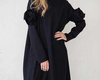 Vestido de oficina moderno y vanguardista de lana, vestido clásico de mujer, vestido de cóctel negro, vestido de noche, talla grande, largo hasta el suelo, vestido negro de alta costura.