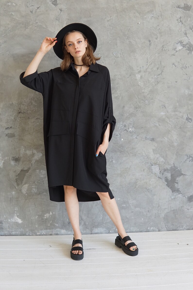 Oversized black shirt Maxi blouse Black plus size tunic