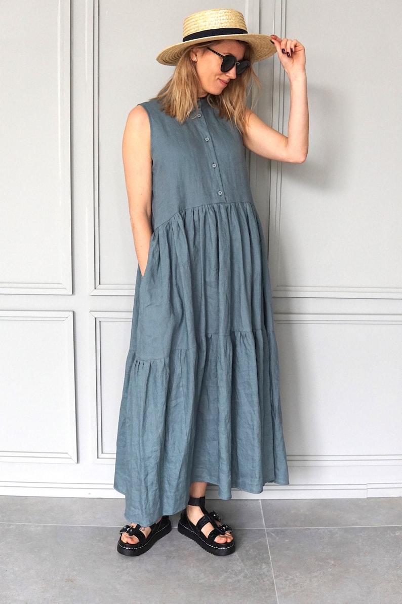 Long Linen Dress / Maxi Dress Blue / Blue Linen Dress / Linen Maxi Dress / Linen Summer Dress image 5