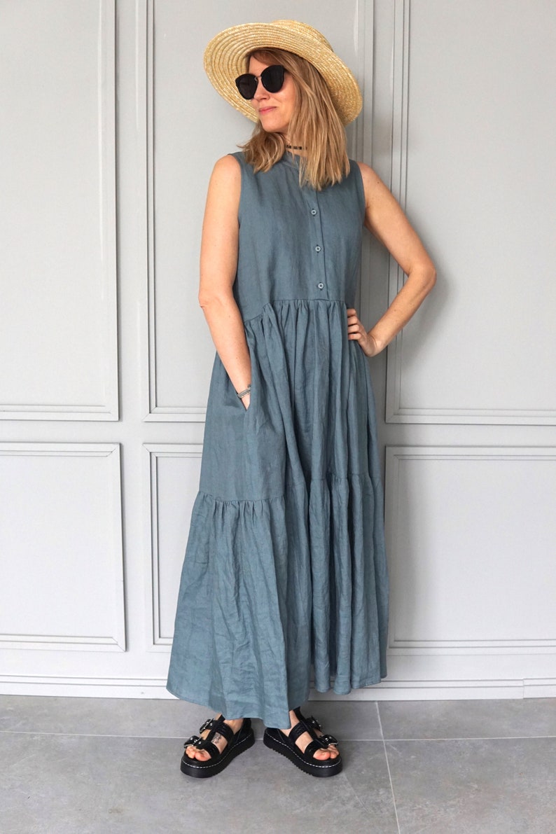 Long Linen Dress / Maxi Dress Blue / Blue Linen Dress / Linen Maxi Dress / Linen Summer Dress image 6