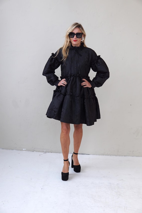 Black Jacquard Dress for Women – Luxury Designer Knee Length Dress With Puff Sleeves, Avant Garde Loose Fit Dress, Made to Order