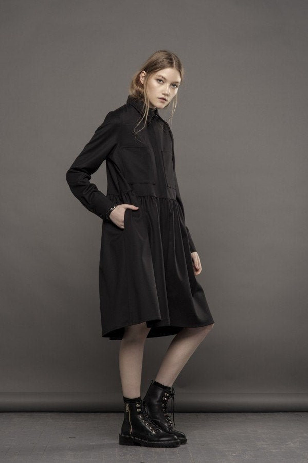 Wool Winter Dress / Formal Dress/ Black Dress / Shirt Dress / Aesthetic — free download