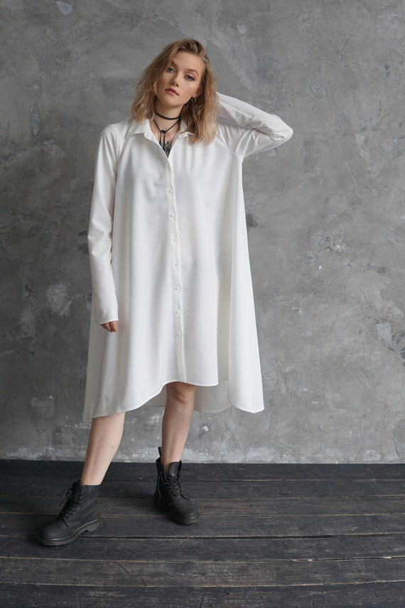 Handmade White Cotton Shirtdress: Ruffle Mini Dress