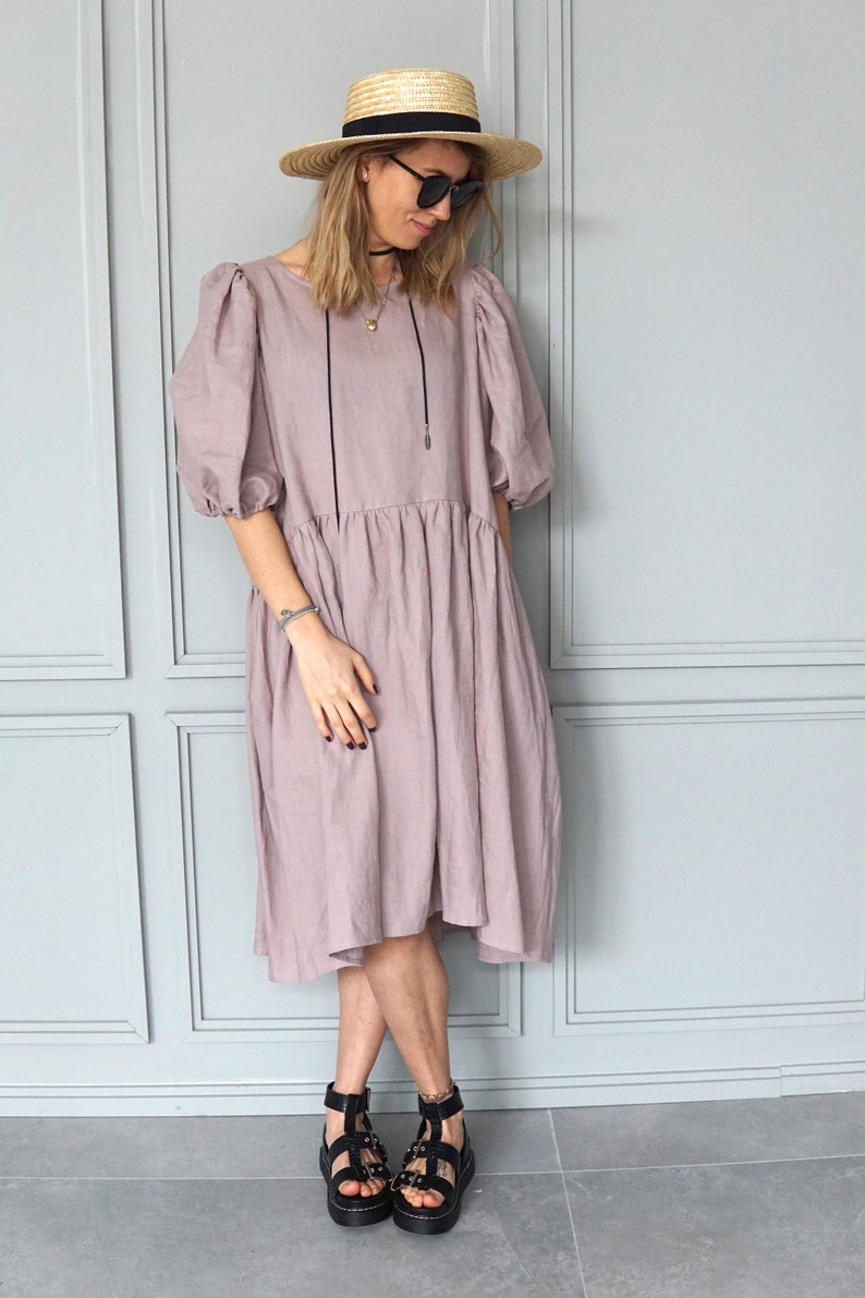 Pink linen dress Boho linen tunic Summer linen dress Midi linen dress Vintage linen dress Romantic linen dress image 3