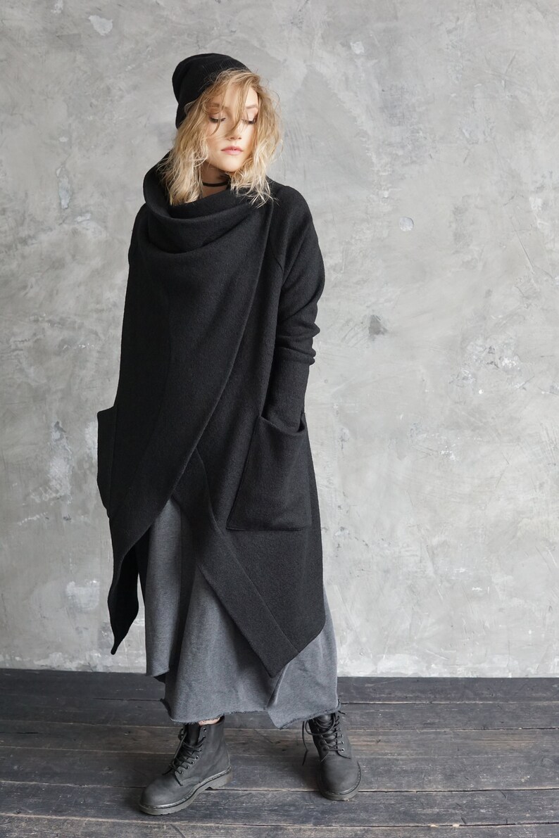 Black sweater coat Black knitted cardigan Long autumn coat Wool cardigan Black wool coat image 3