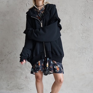 Schwarzer Oversized Hoodie | Langes schwarzes Sweatshirt | Lockeres Pullover-Kleid | Ästhetische Kleidung Reißverschluss | Übergroßer XXL Hoodie | Hoodie Frauen lang