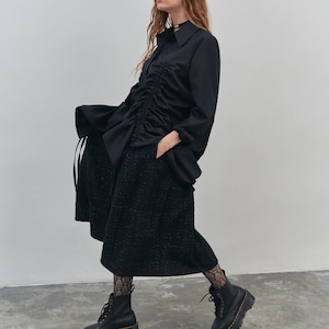 Black blouse with smocking, Modern shirt, Black blouse with ruffles, Black wool shirt, Button up shirt