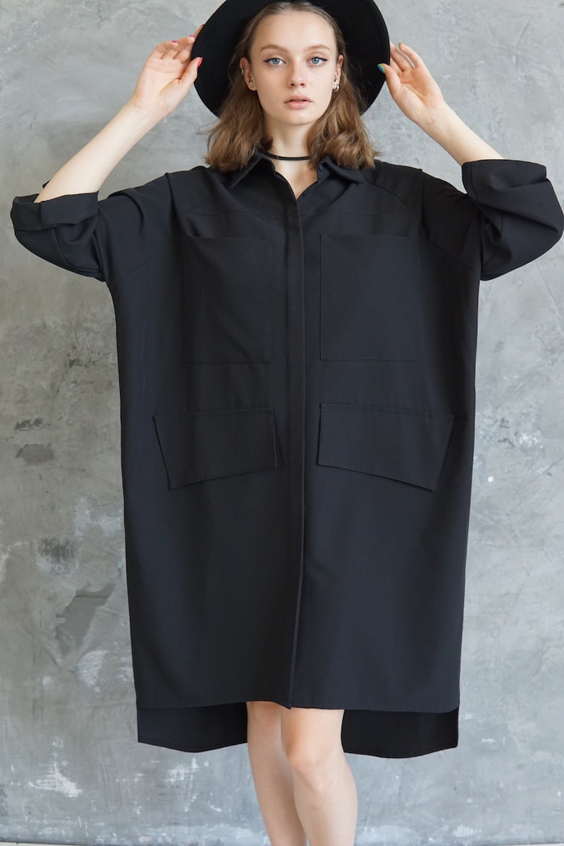 Oversized black shirt Maxi blouse Black plus size tunic
