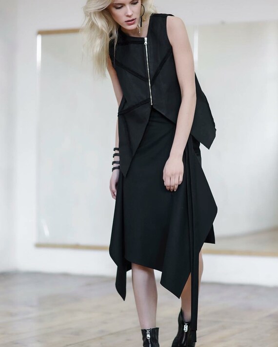 Avant-Garde Black Denim Vest: Asymmetric Zipper, Handmade