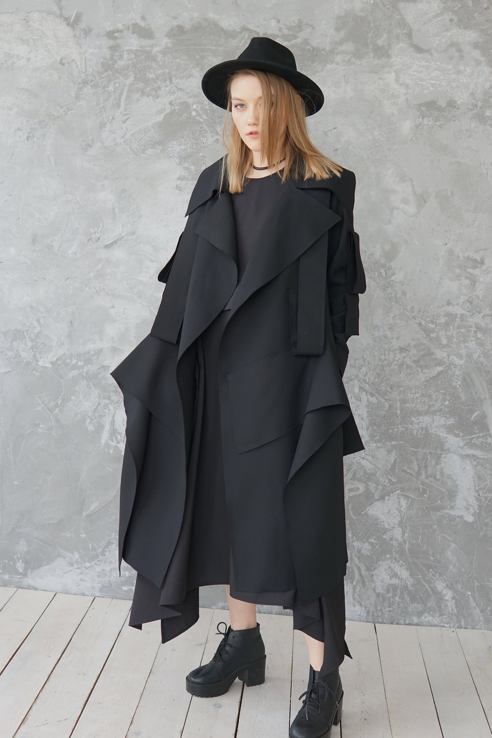 Black Wool Coat / Black Oversized Coat / Black Kimono Coat / | Etsy