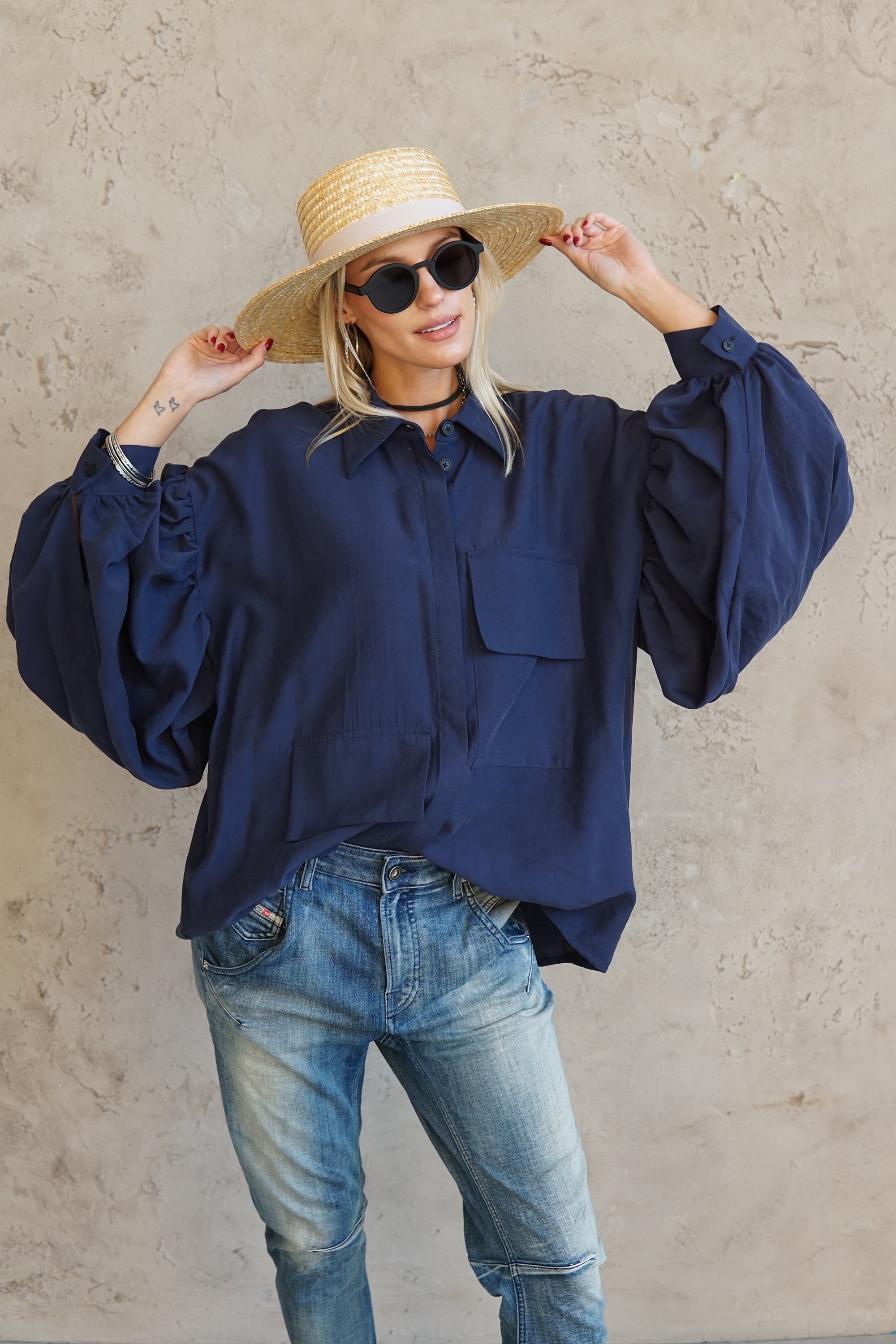 Royal Blue Blouse Oversized Shirt Plus Size Tunic Unique Clothes Loose Blouse Slow Fashion Designer Clothes Blue Viscose Shirt Etsy