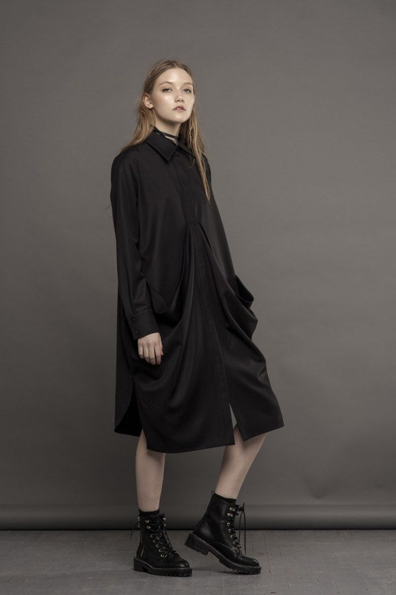 Robe formelle noire Chemise noire Robe midi noire Robe noire à manches longues Robe drapée noire image 2