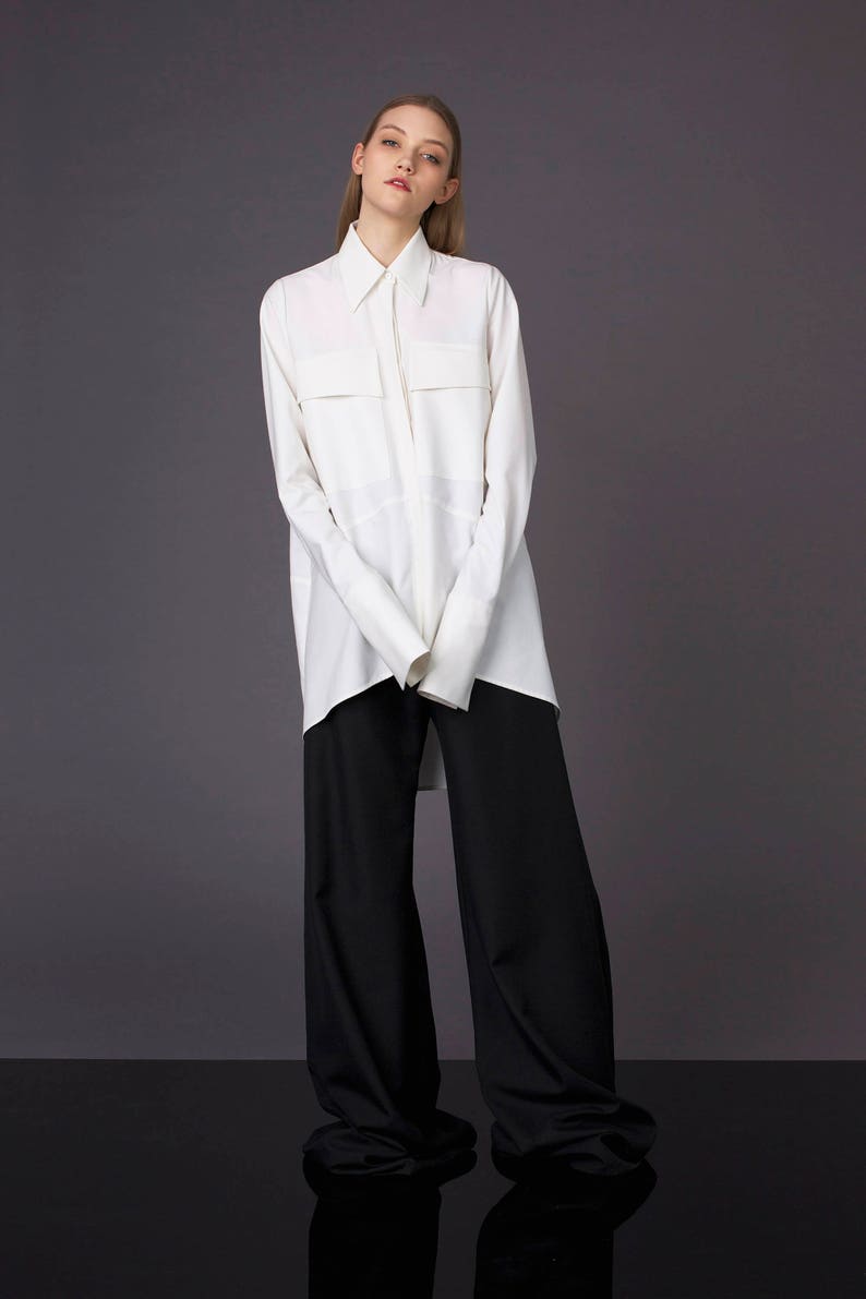 White classic shirt / Off white shirt / White formal blouse / White minimalist top / Shirt with super long sleeves / White blouse image 1