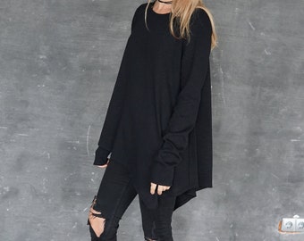 Black long sleeve sweatshirt / Black cotton pullove / Black jersey sweater