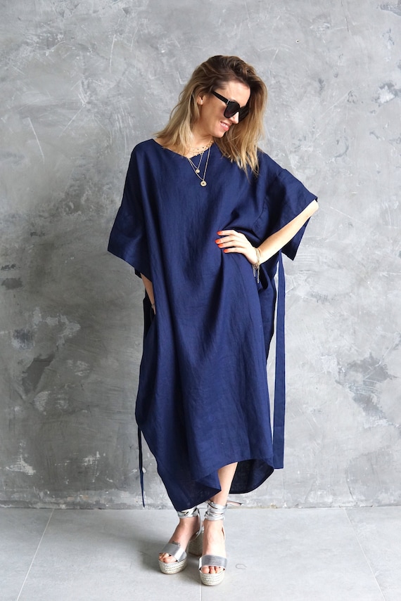 Oversized Linen Dress Cocoon Dress Linen Tunic Linen Clothes Plus Size Linen Indigo Linen Dress Linen Caftan Dress Etsy