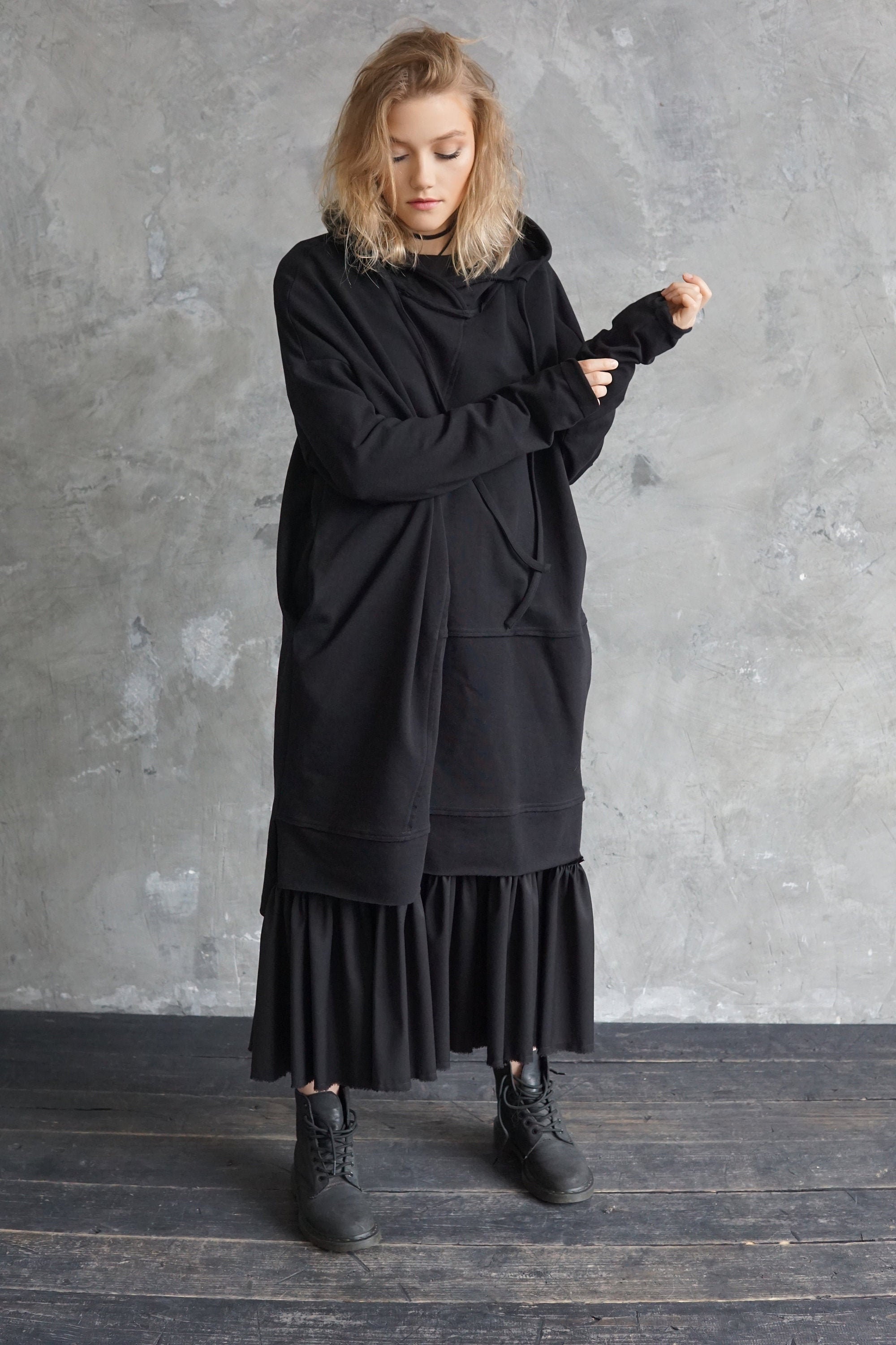 Black Oversized Hoodie Long Black Sweatshirt Loose Sweaterdress