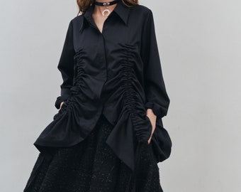 Smocked Black Wool Blouse: Modern Ruffle Button-Up Shirt