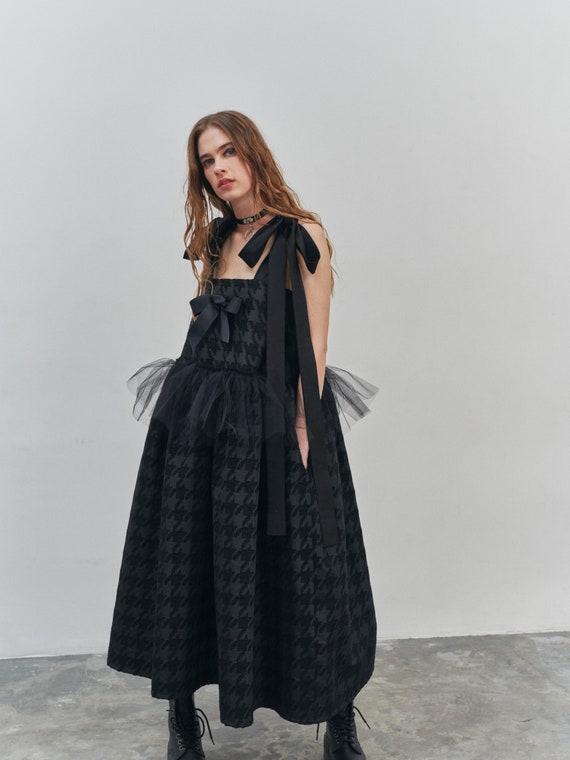 【最終値下げ】FETICO TULLE PINAFORE DRESS Black Pinafore Dress: Ribbon Braces, Tulle Frill, Calf-length - Etsy