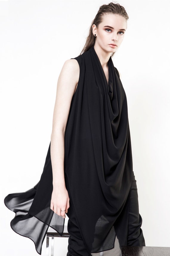 black chiffon tunic dress Asymmetrical Black Chiffon Dress: Pleated Tunic Top