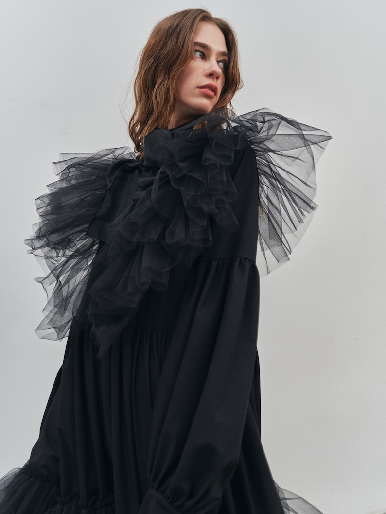 Long black royal dress, Floor length dress, Black gown, Black maxi dress, Puff sleeve dress, Festive dress, Evening gown, Wide dress image 4