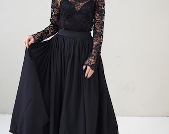 Falda larga de tafetán negra: falda de noche de lujo, falda maxi voluminosa de diseñador con bolsillos, elegante moda de vanguardia.