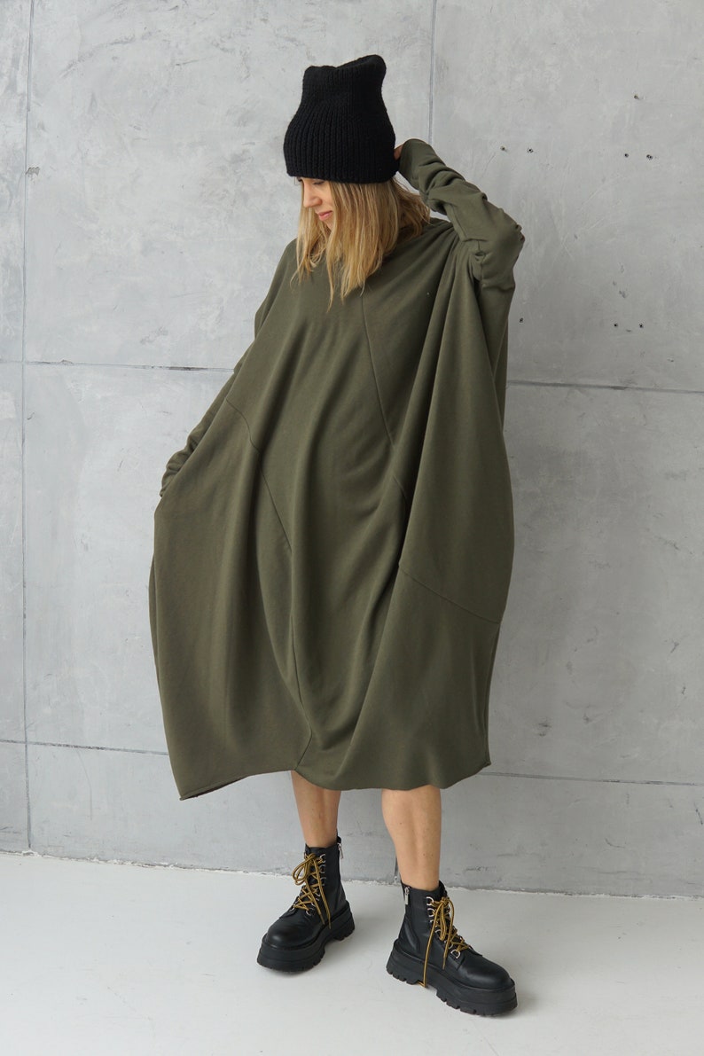 Long Jersey Dress Dresses Online Green Loose Tunic Dress Plus Size Cotton Khaki Dress Sweatshirt Dress Oversized Tunic image 5