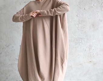Cream Cotton Jersey Dress: Oversized Long Sleeve Tunic