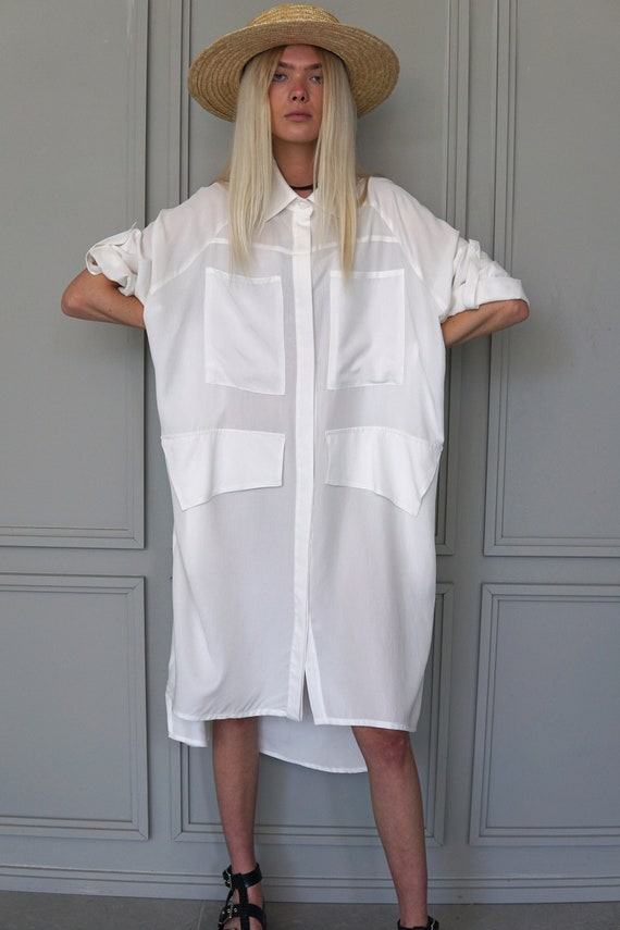 Whit Loose Shirt / Long Tunic Dress / Asymmetric Dress / Designer Dresses / Modern Summer Dressing