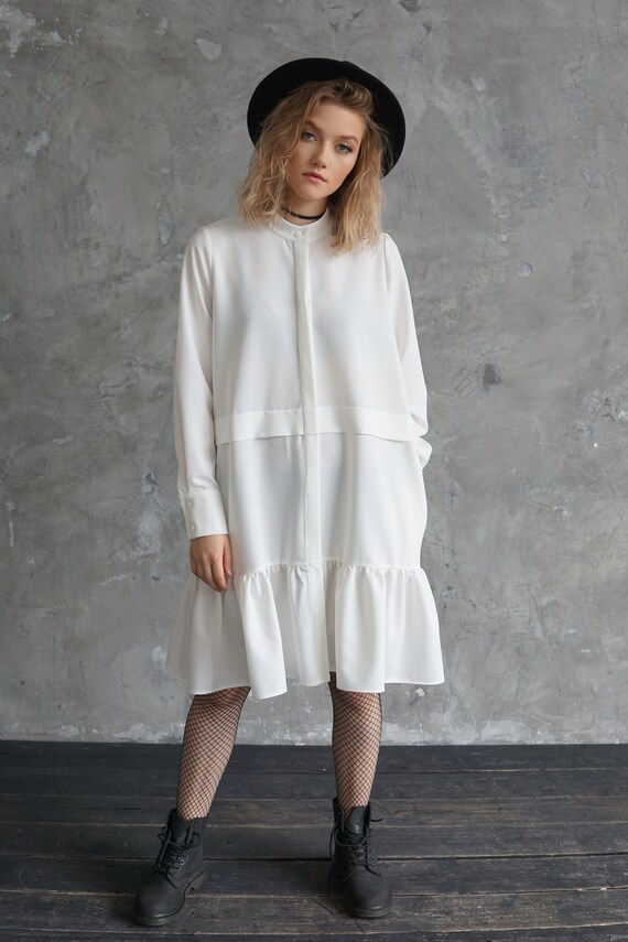 winter white shirt dress Cinched Maxi Shirt Dress in White