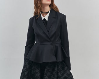 Short flare blazer, Black elegant skirted blazer, Flared blazer jacket, Black wool blazer women