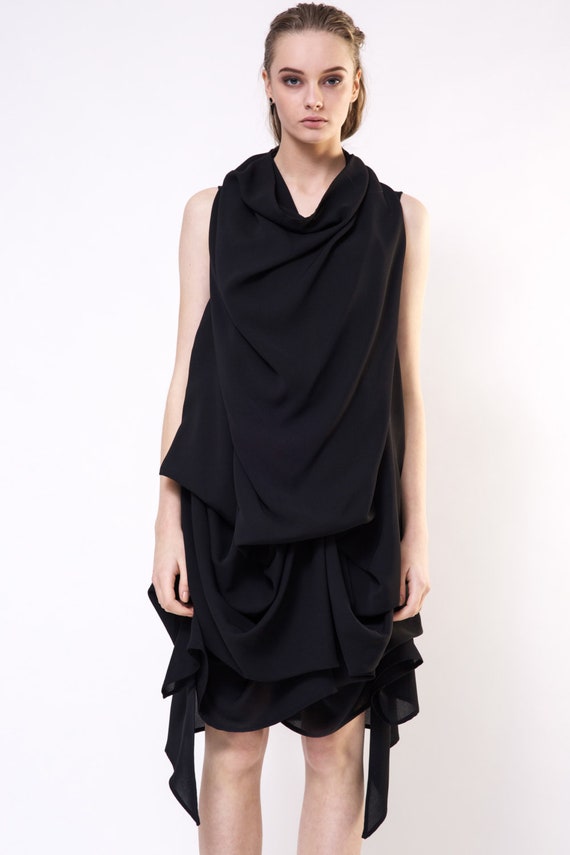 Black Silk Dress: Draped Front Evening Gown, Modern Cocktail Party Dress Black Silk Dress: Draped Front Evening Gown, Modern Cocktail Party Dress