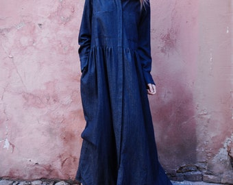 Long Blue Denim Dress - Handmade to Order | Shipping | Custom Fit Available