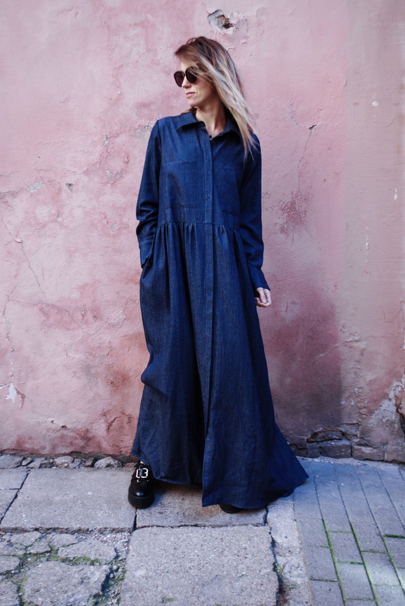 Maxi denim dress / Long dress / Oversize dress / Shirt dress / Maternity dress / Long sleeves / Casual dress / Cotton dress / Plus size image 4