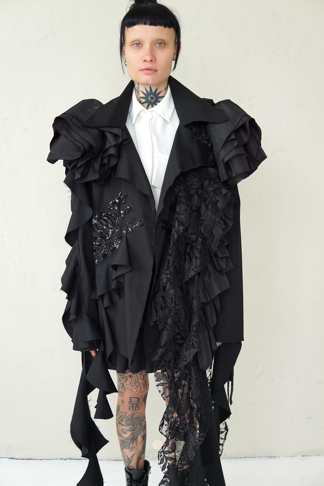Avant-garde Cotton Blazer With Lace and Taffeta Ruffles