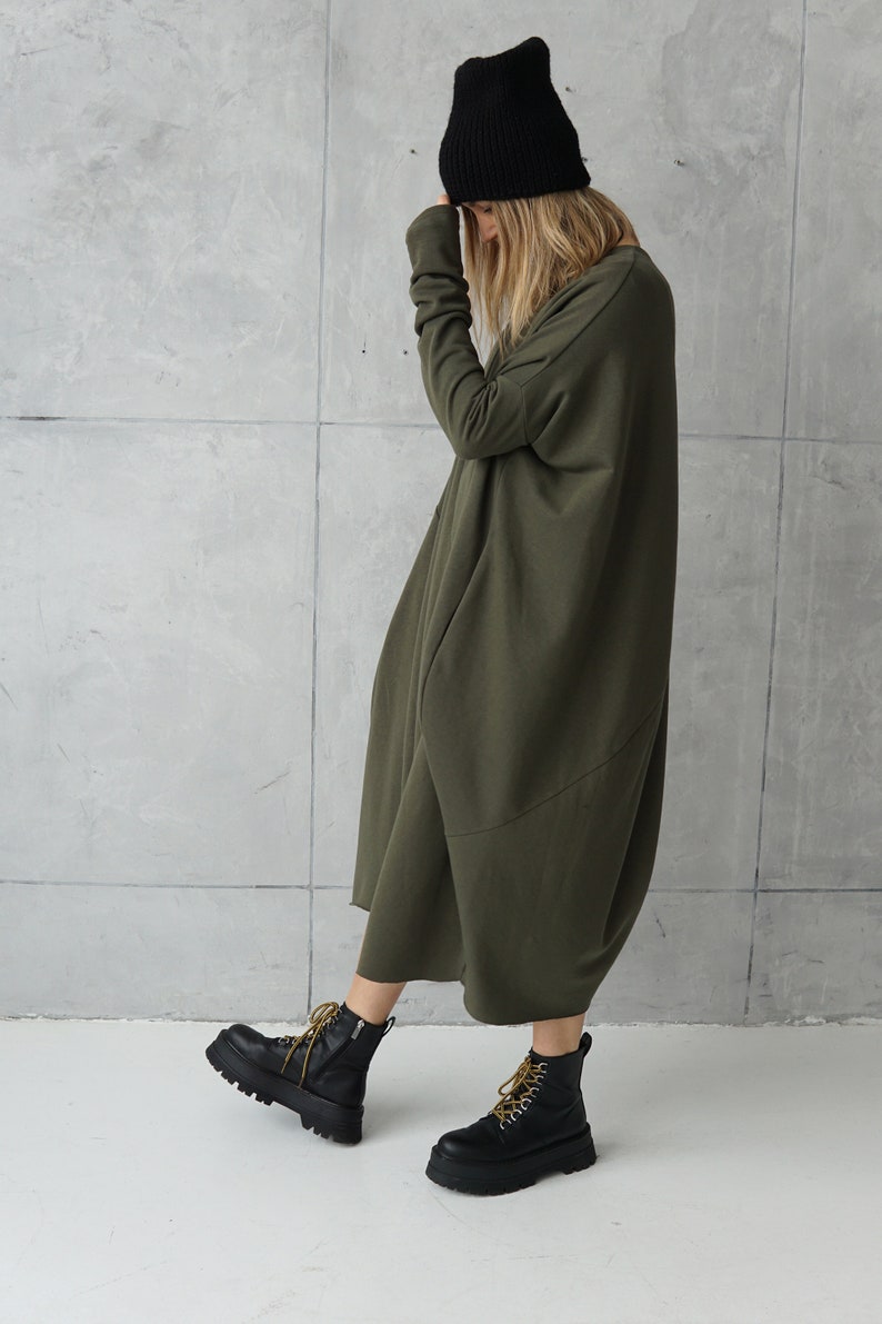 Long Jersey Dress Dresses Online Green Loose Tunic Dress Plus Size Cotton Khaki Dress Sweatshirt Dress Oversized Tunic image 7