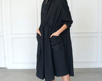 Vestido de lino negro para mujer / Vestido de lino extragrande / Vestido midi de lino holgado / Vestido de lino minimalista / Vestido túnica con espalda descubierta