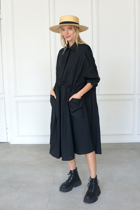 Black Linen Dress Women / Oversized Linen Dress / Loose Linen Midi Dress / Minimalist Linen Dress / Back Tunic Dress