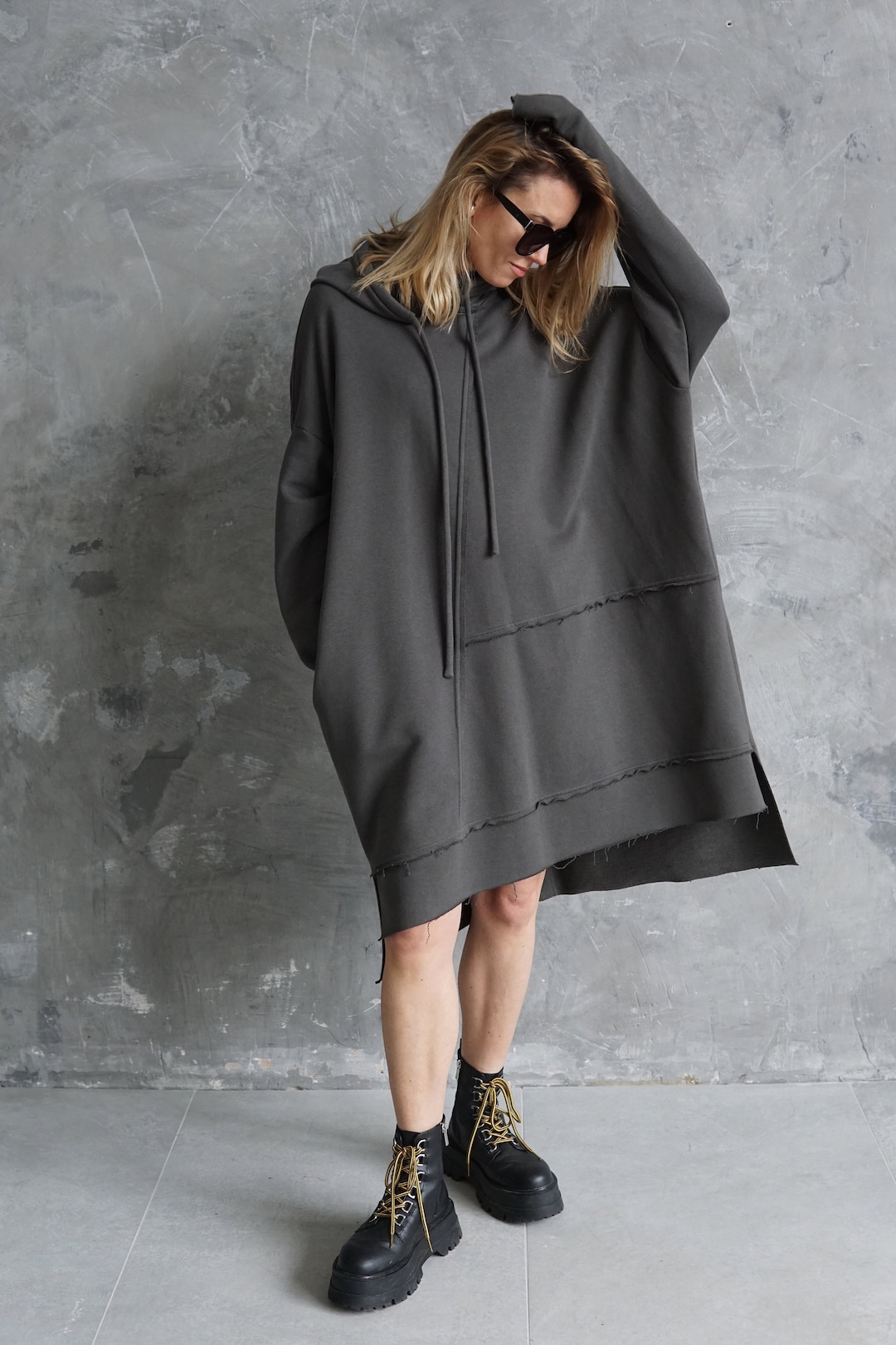 Gray Oversized Hoodie Long Black Sweatshirt Loose Sweater Dress