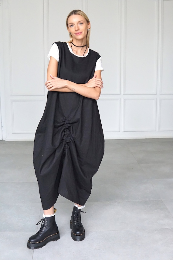 Black Linen Tunic Dress: Sleeveless Ruffle Front Black Linen Tunic Dress: Sleeveless Ruffle Front