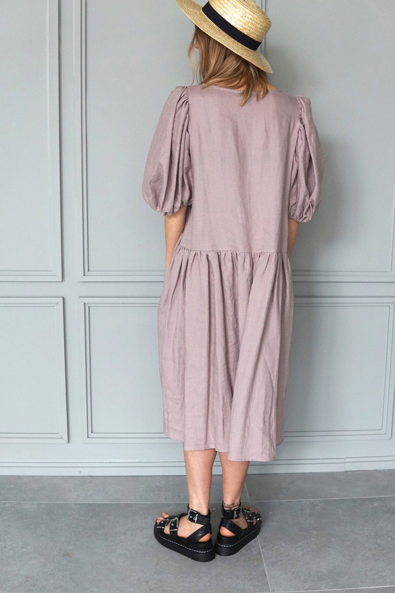 Pink linen dress Boho linen tunic Summer linen dress Midi linen dress Vintage linen dress Romantic linen dress image 10