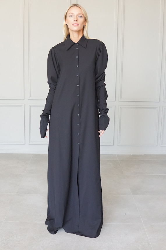 black wool maxi dress Women's Wool Dress/Winter Cozy Dress/Black Wool Dress/Wool Casual Dress/Tapered Dress/Black Elegant Dress/Black Maxi Dress/Shirt Dress/F2350
