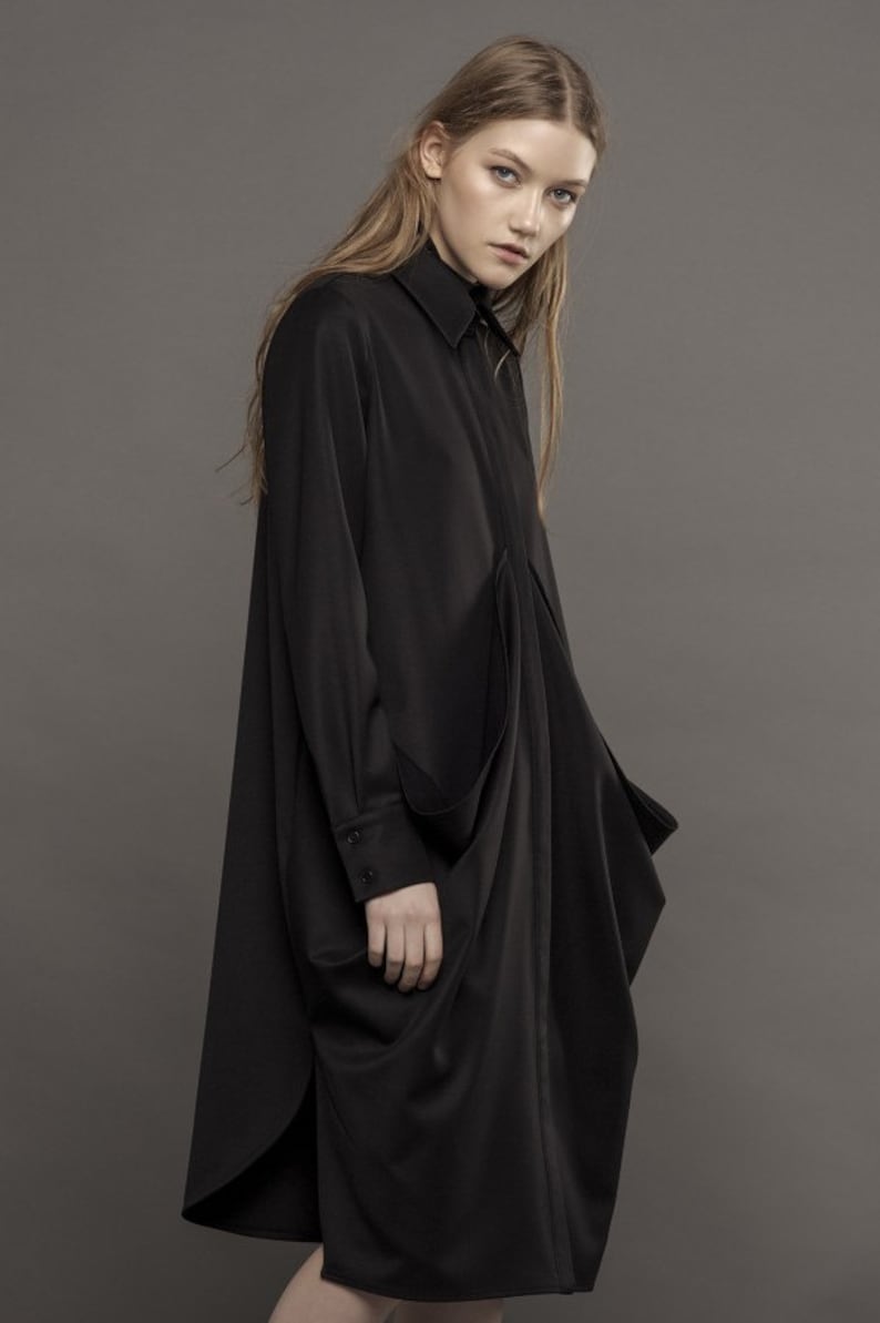 Robe formelle noire Chemise noire Robe midi noire Robe noire à manches longues Robe drapée noire image 3